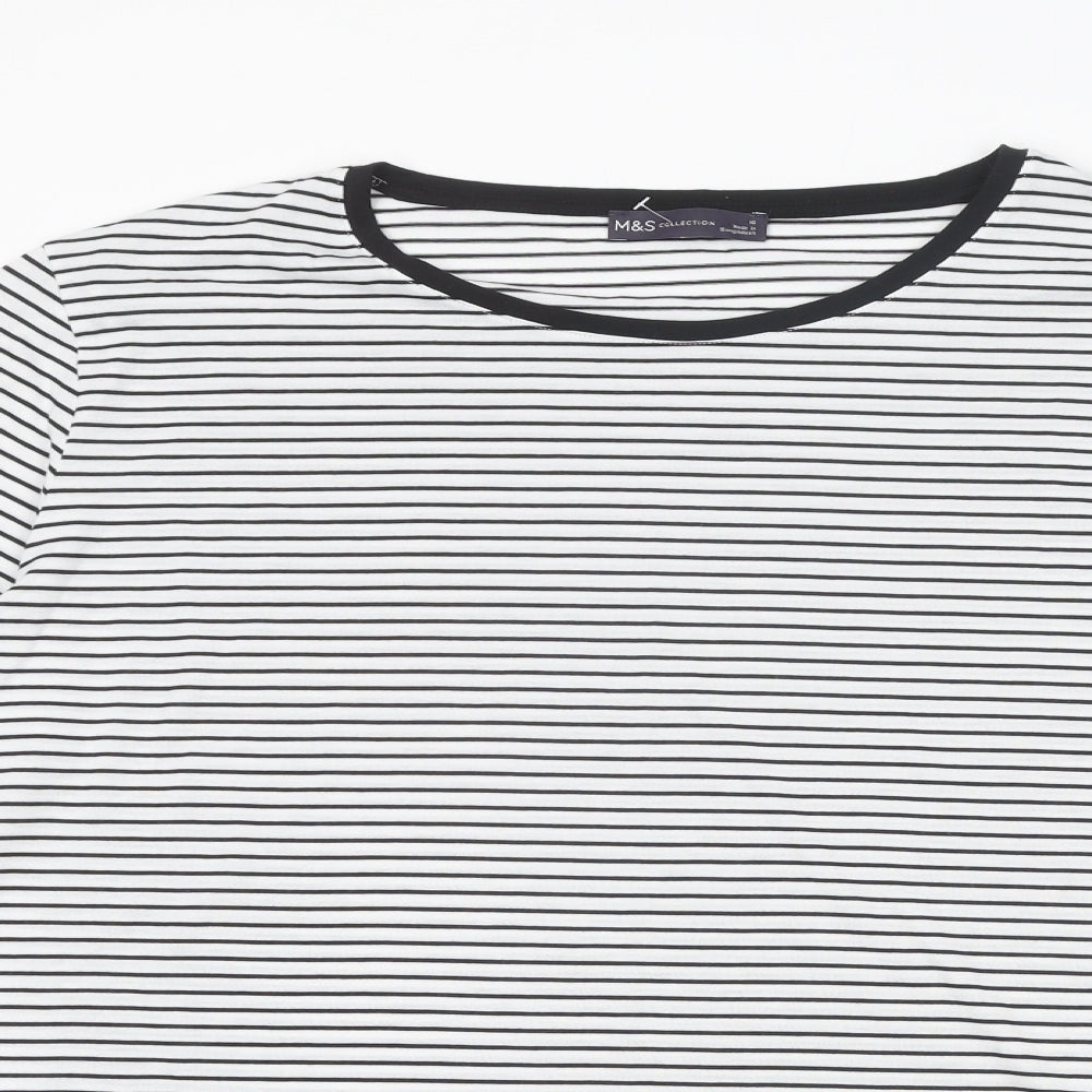 Marks and Spencer Womens White Striped Polyester Basic T-Shirt Size 16 Round Neck