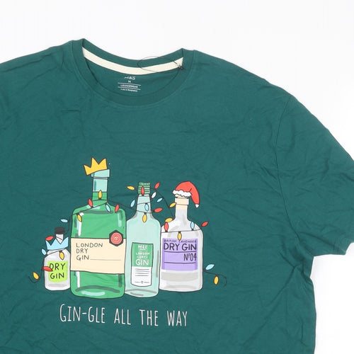 Marks and Spencer Mens Green Cotton T-Shirt Size M Round Neck - Christmas Gin-Gle all The Way