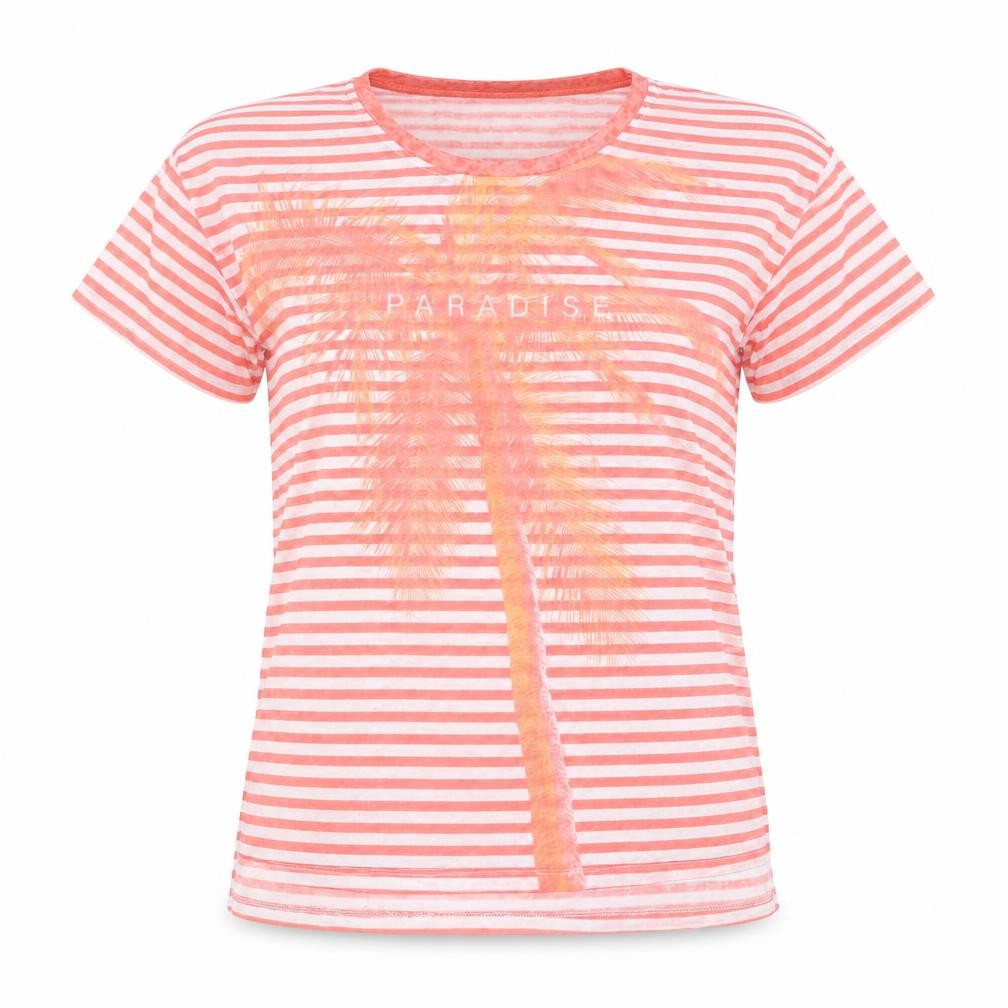 Front view of Next women’s orange striped polyester basic t-shirt, size UK 10, round neck - paradise