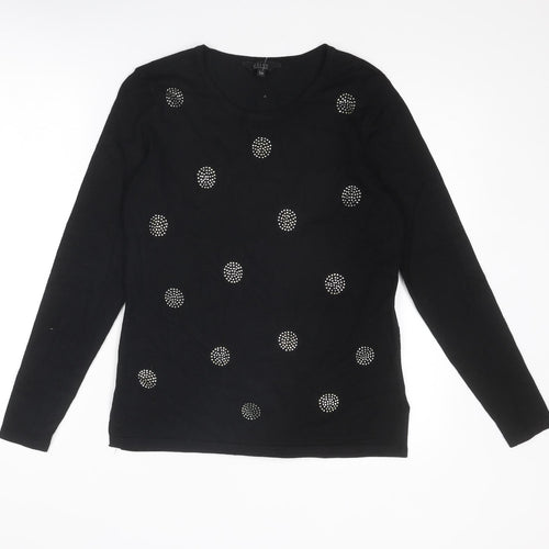 élite Womens Black Round Neck Geometric Viscose Pullover Jumper Size S - Size S-M