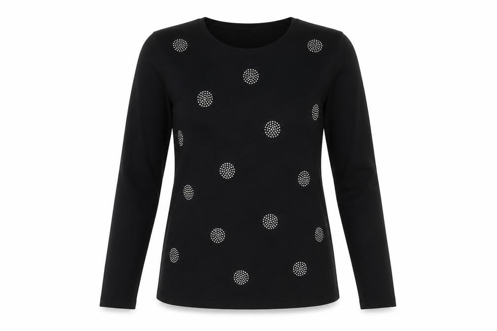 Front view of élite women’s black round neck geometric viscose jumper, size S, -, size S-m