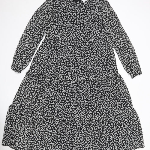 Warehouse Womens Black Geometric Polyester A-Line Size 8 Round Neck Button