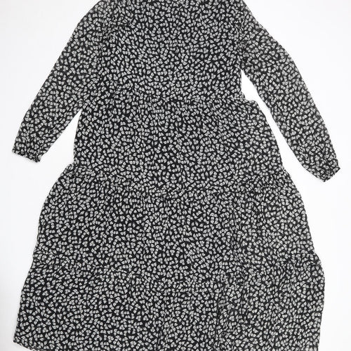 Warehouse Womens Black Geometric Polyester A-Line Size 8 Round Neck Button
