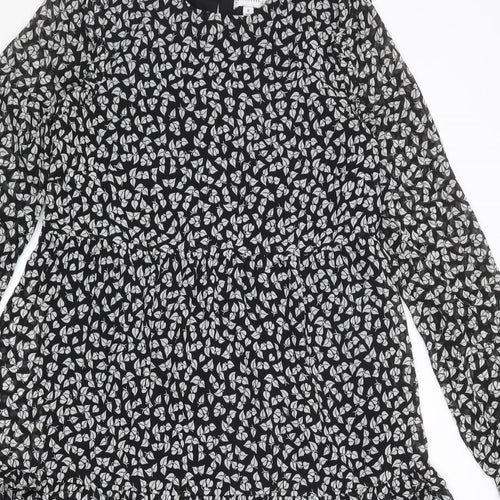 Warehouse Womens Black Geometric Polyester A-Line Size 8 Round Neck Button