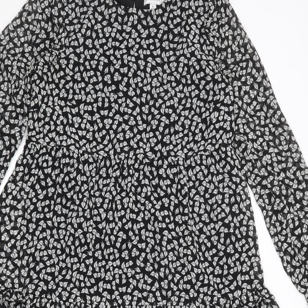 Warehouse Womens Black Geometric Polyester A-Line Size 8 Round Neck Button