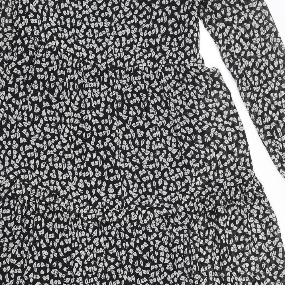 Warehouse Womens Black Geometric Polyester A-Line Size 8 Round Neck Button