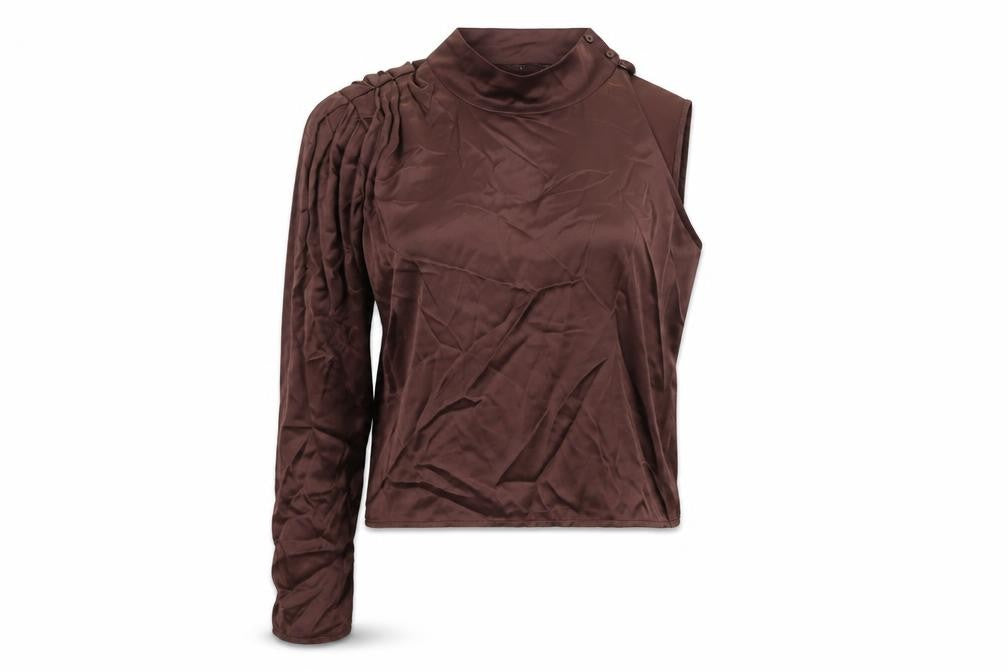Front view of Zara women’s brown viscose basic blouse, size M, one shoulder