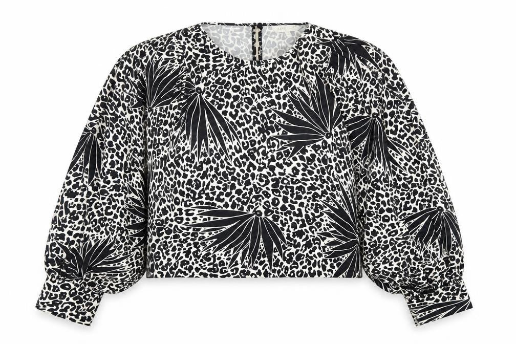 Front view of Apricot women’s black animal print polyester basic blouse, size L, round neck - leopard print