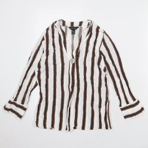 New Look Womens White Striped Viscose Basic Blouse Size 8 V-Neck