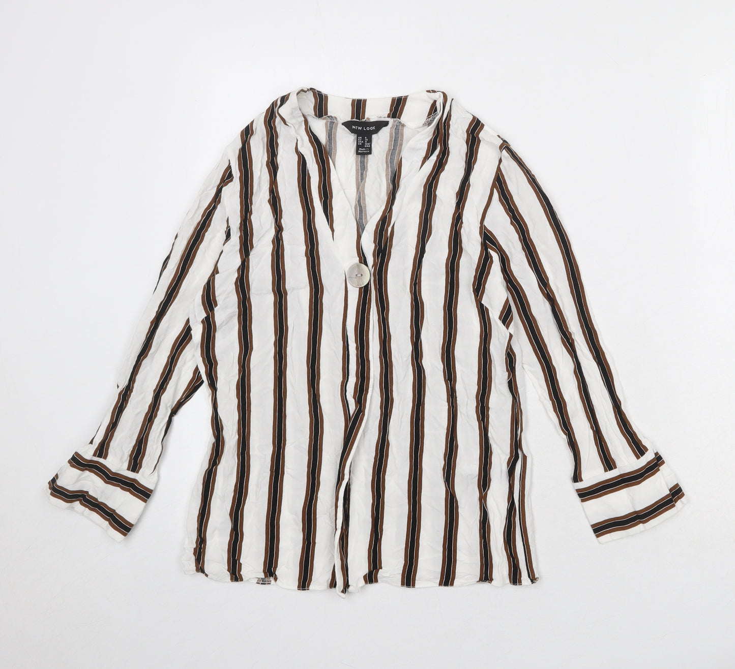 New Look Womens White Striped Viscose Basic Blouse Size 8 V-Neck