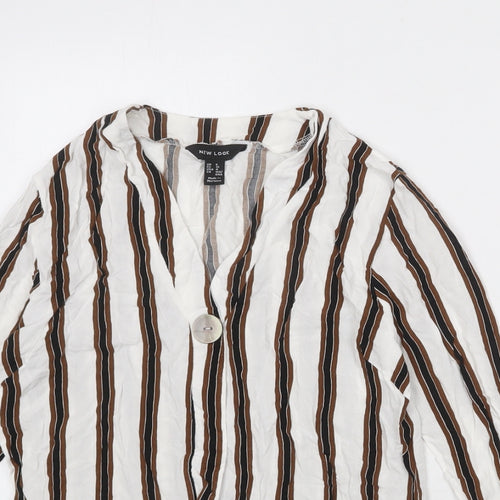 New Look Womens White Striped Viscose Basic Blouse Size 8 V-Neck