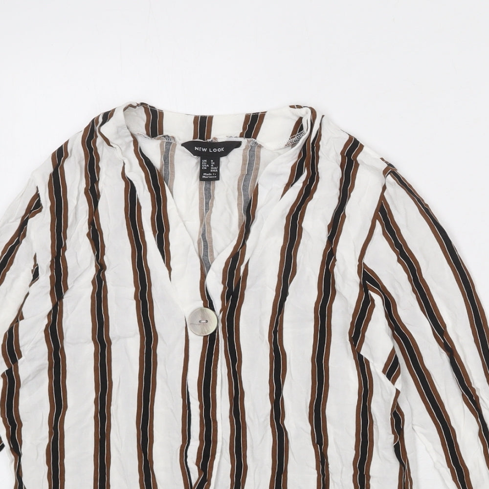 New Look Womens White Striped Viscose Basic Blouse Size 8 V-Neck