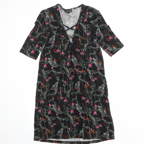 Topshop Womens Black Floral Viscose A-Line Size 10 V-Neck Lace Up