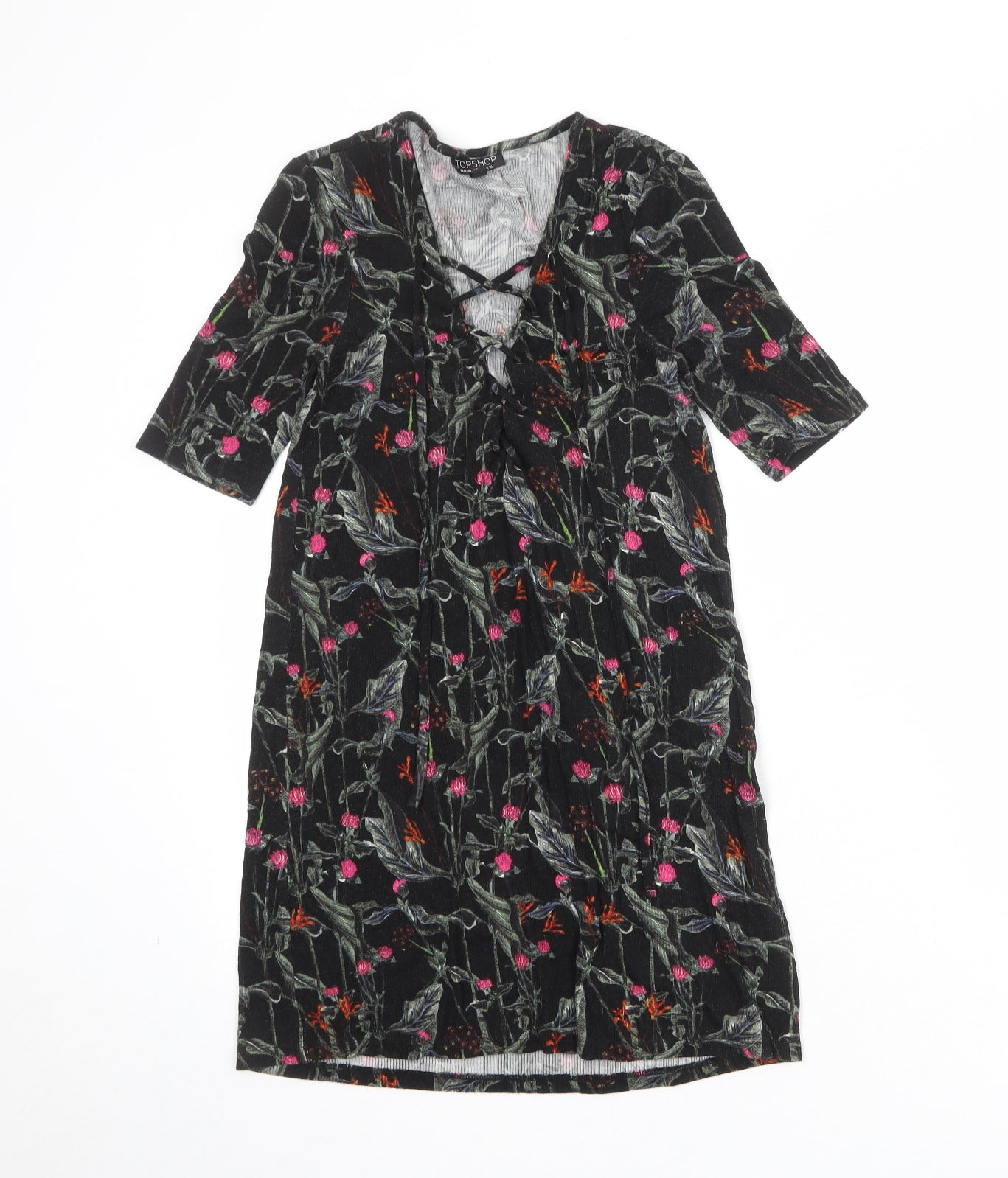 Topshop Womens Black Floral Viscose A-Line Size 10 V-Neck Lace Up