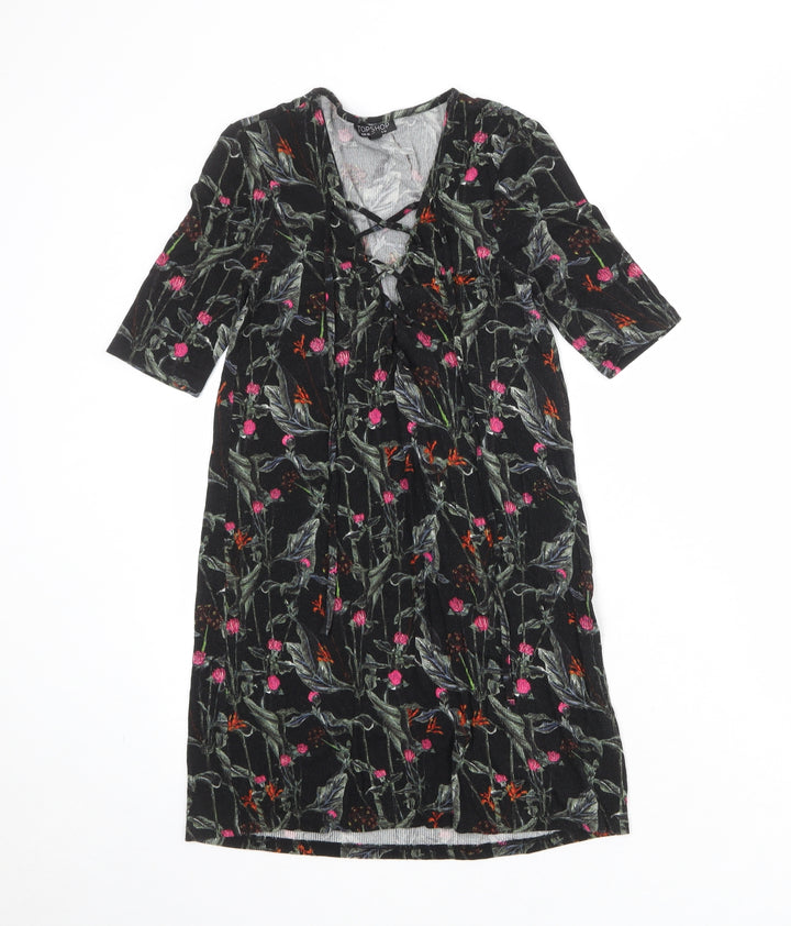 Topshop Womens Black Floral Viscose A-Line Size 10 V-Neck Lace Up