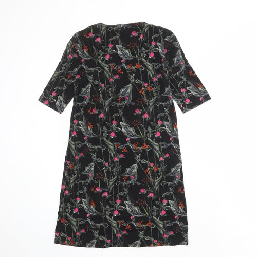 Topshop Womens Black Floral Viscose A-Line Size 10 V-Neck Lace Up