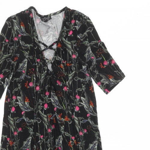 Topshop Womens Black Floral Viscose A-Line Size 10 V-Neck Lace Up