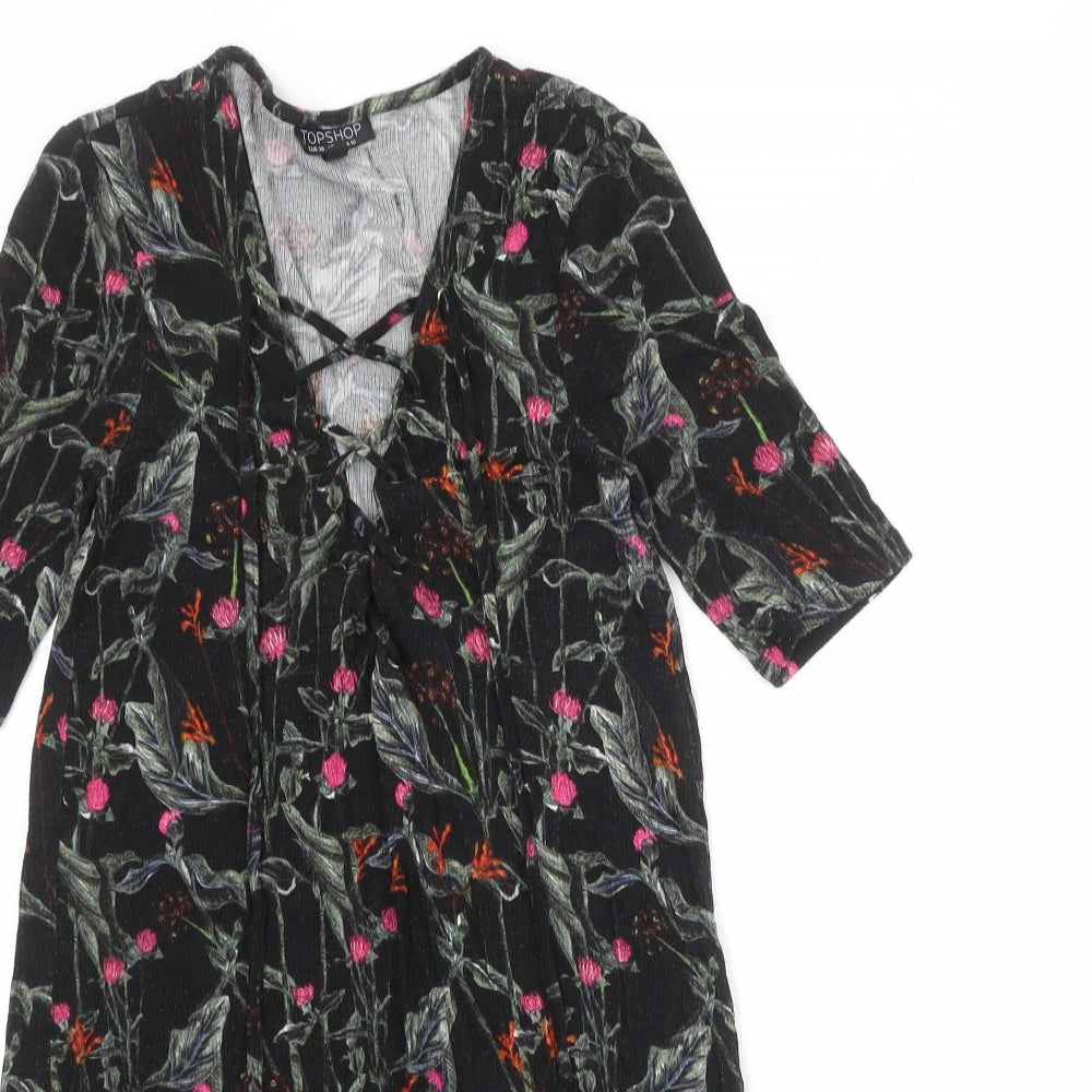 Topshop Womens Black Floral Viscose A-Line Size 10 V-Neck Lace Up