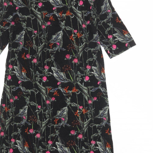 Topshop Womens Black Floral Viscose A-Line Size 10 V-Neck Lace Up