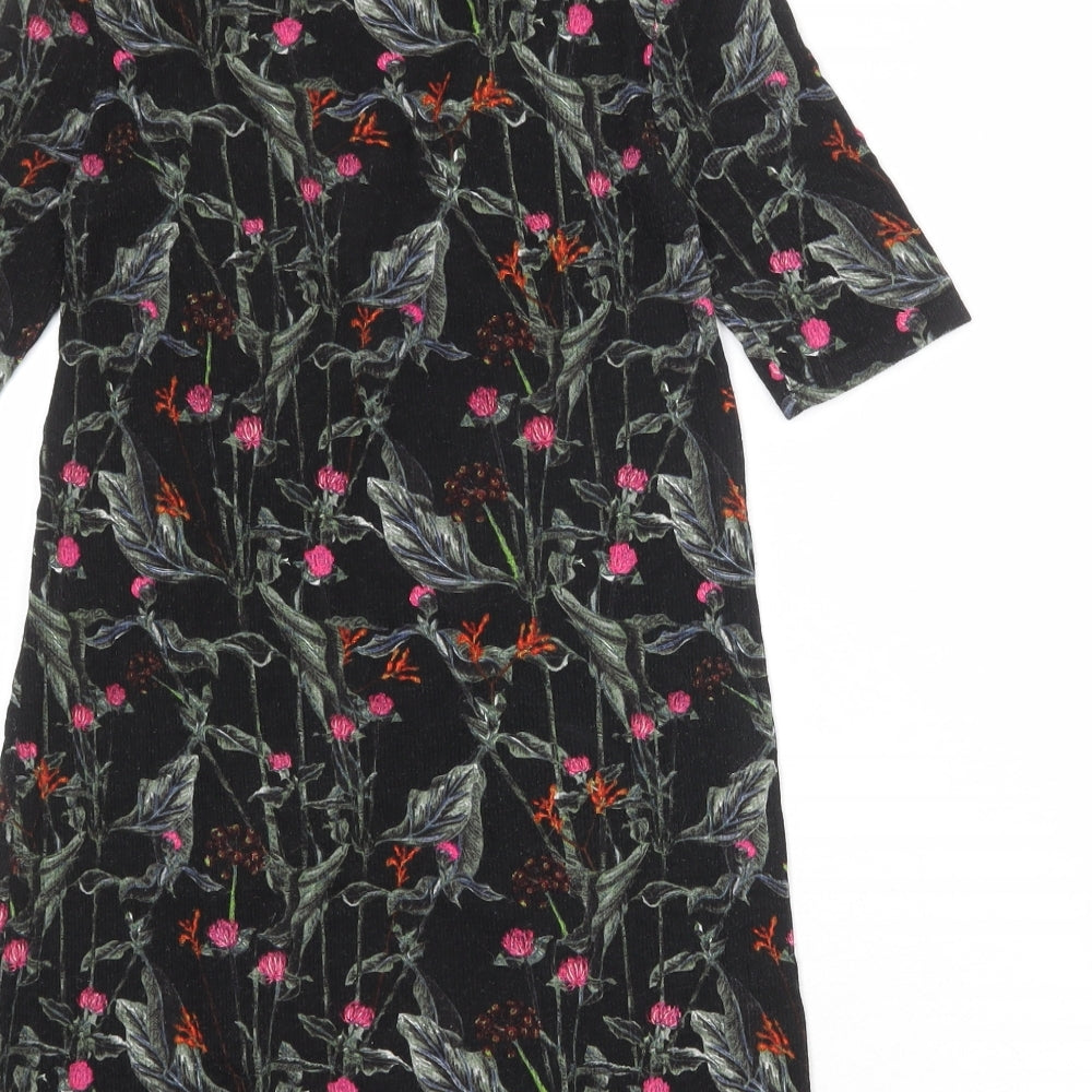 Topshop Womens Black Floral Viscose A-Line Size 10 V-Neck Lace Up