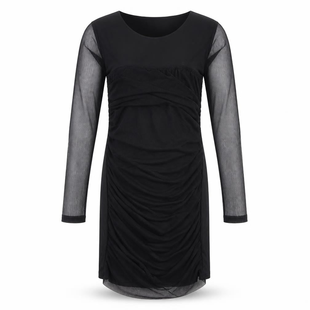 Front view of Boohoo women’s black polyester shift, size UK 12, square neck pullover - sheer sleeves