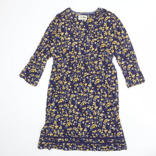 Beacon Cove Womens Blue Floral 100% Cotton A-Line Size L V-Neck Pullover