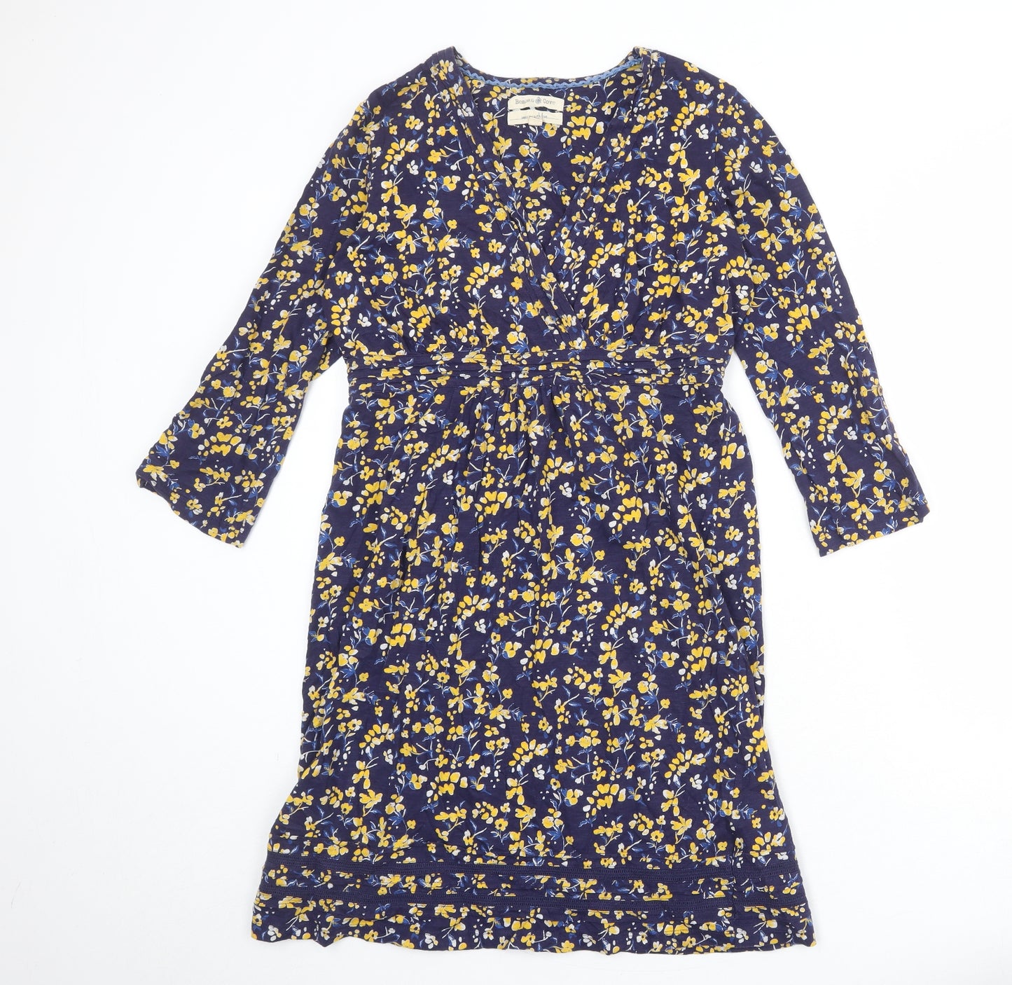 Beacon Cove Womens Blue Floral 100% Cotton A-Line Size L V-Neck Pullover