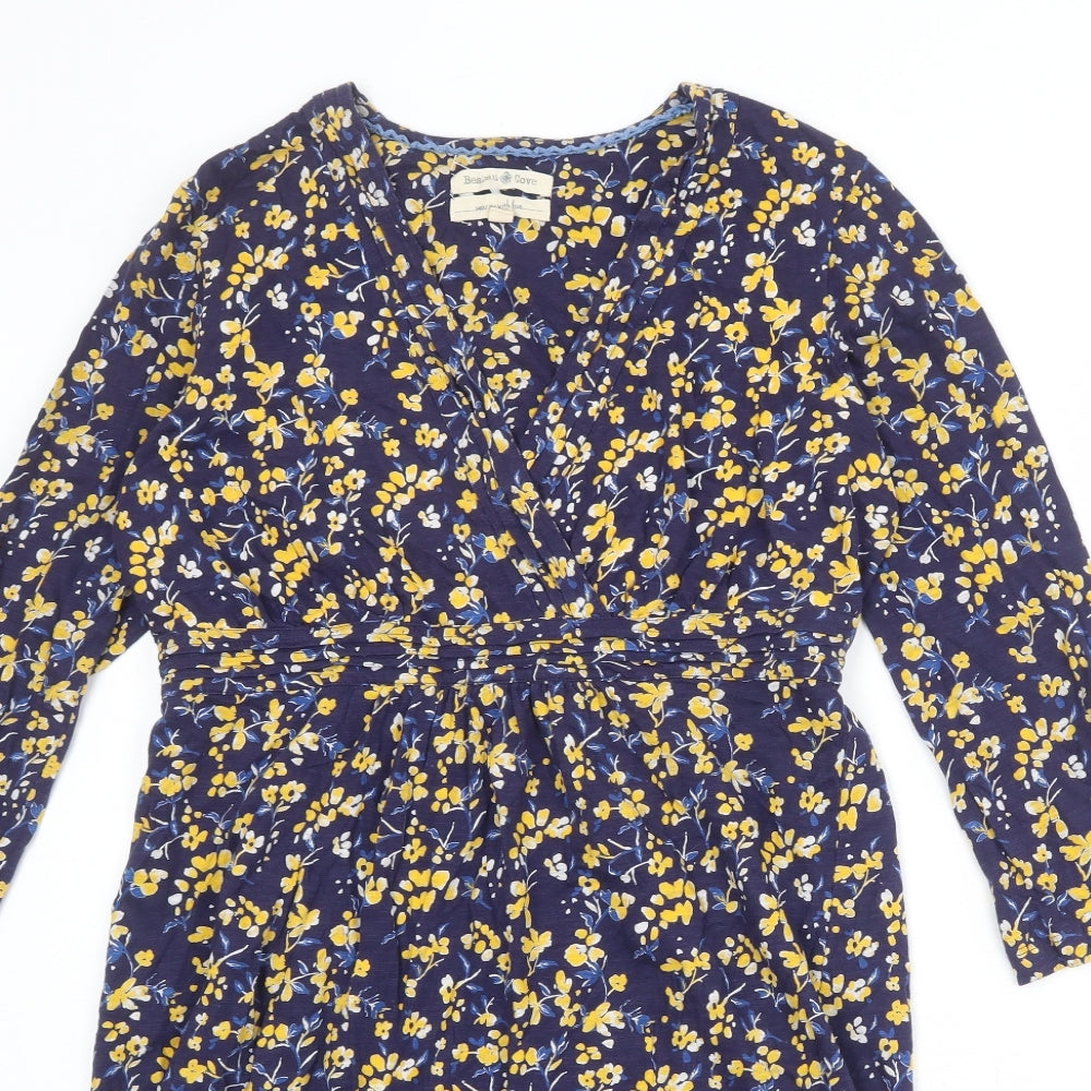 Beacon Cove Womens Blue Floral 100% Cotton A-Line Size L V-Neck Pullover