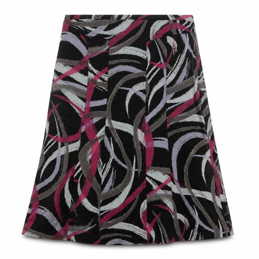 Front view of Oscar B women’s multicoloured geometric polyester swing skirt, size UK 16