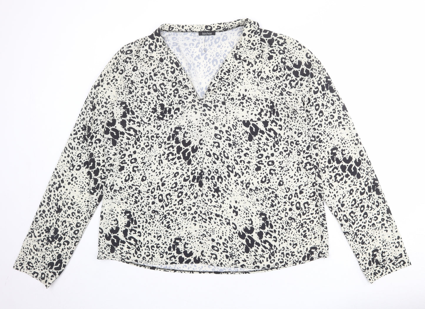 Boohoo Womens Ivory Animal Print Polyester Basic Blouse Size 16 Collared