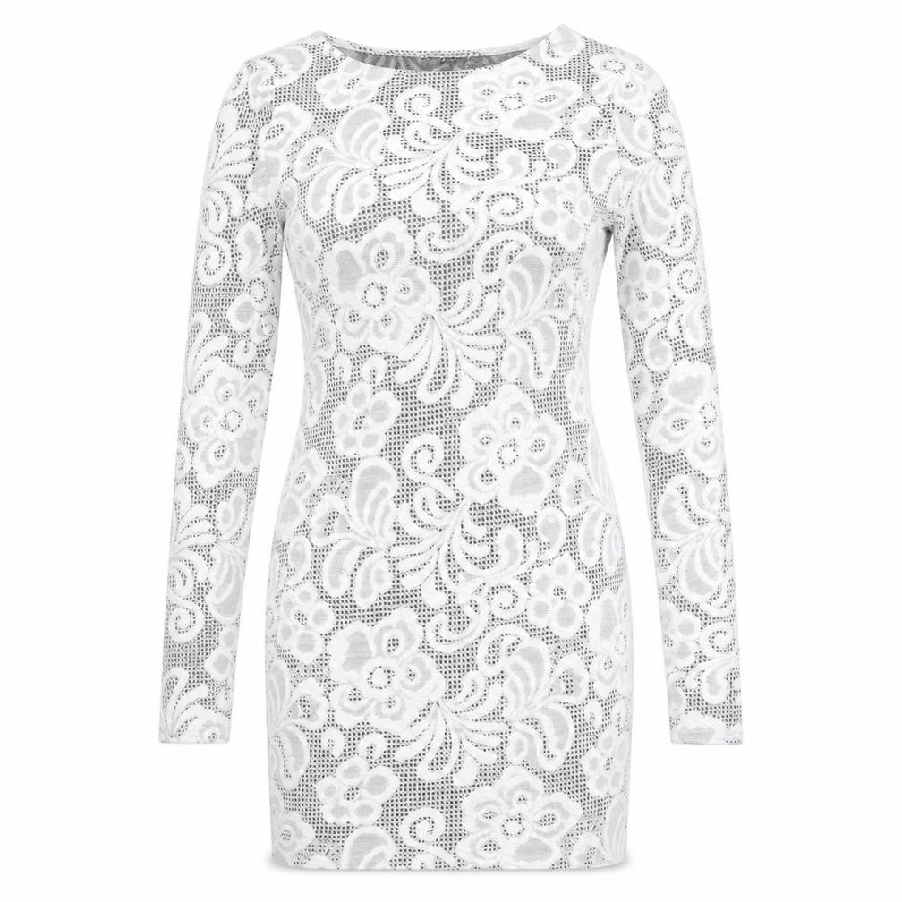 Front view of River Island women’s white geometric polyester shift, size UK 8, round neck pullover