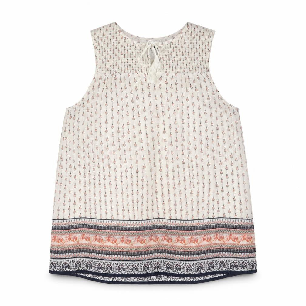 Front view of New Look women’s ivory geometric polyester basic tank, size UK 12, boat neck