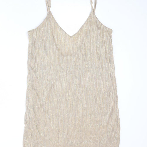 Pull&Bear Womens Gold Polyester Tank Dress Size L V-Neck Pullover - Open Back