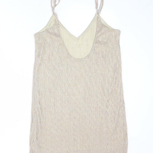 Pull&Bear Womens Gold Polyester Tank Dress Size L V-Neck Pullover - Open Back