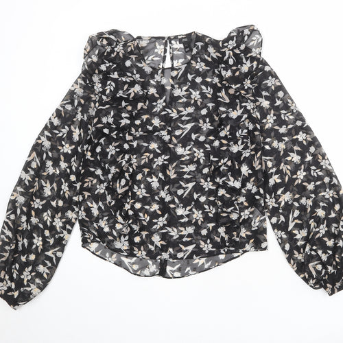 River Island Womens Black Floral Polyester Basic Blouse Size 6 Round Neck