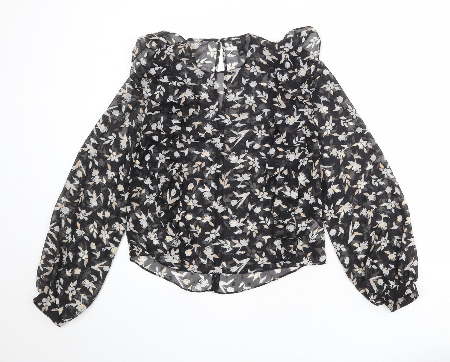 River Island Womens Black Floral Polyester Basic Blouse Size 6 Round Neck