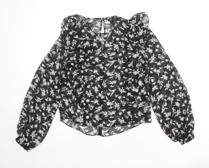 River Island Womens Black Floral Polyester Basic Blouse Size 6 Round Neck
