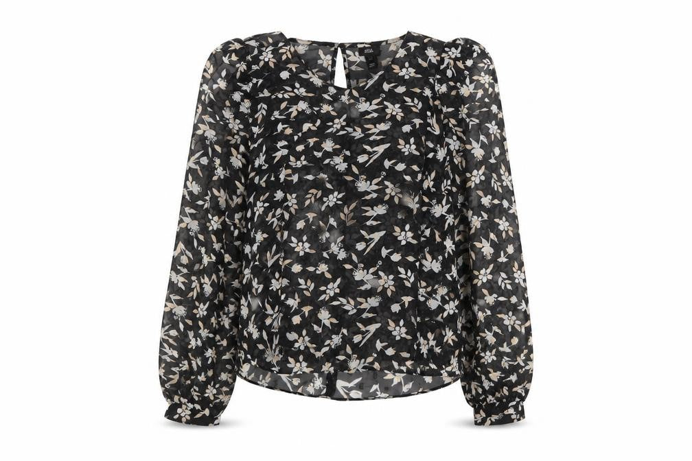 Front view of River Island women’s black floral polyester basic blouse, size UK 6, round neck