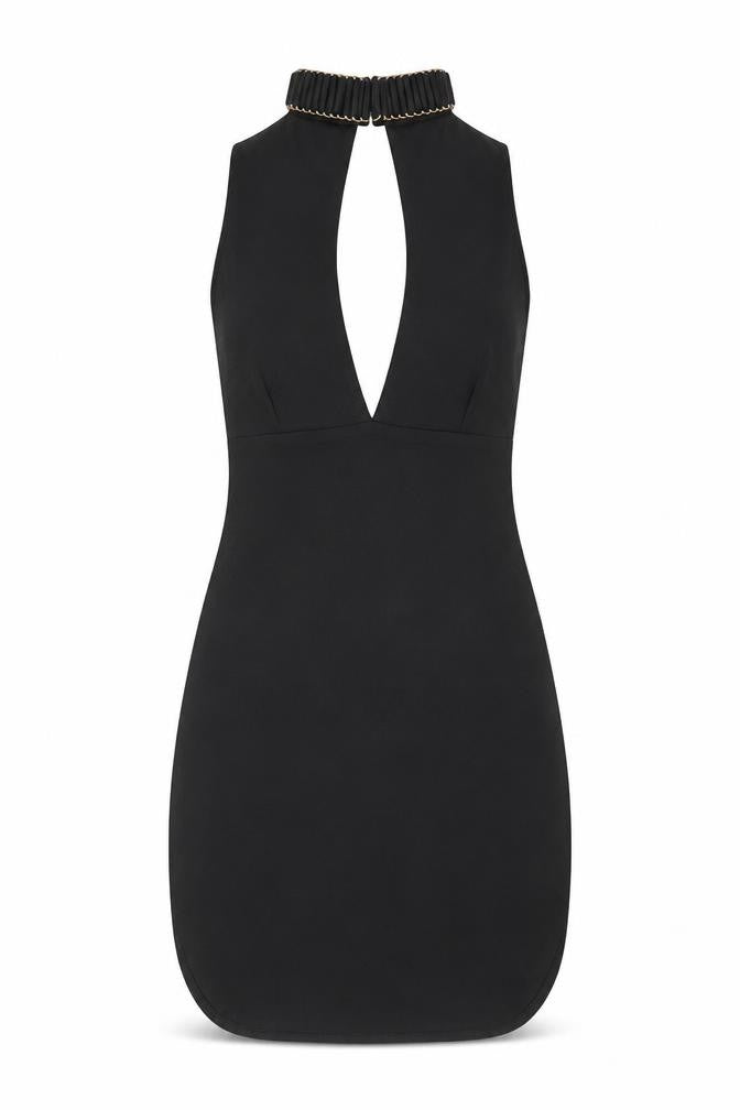 Front view of Missguided women’s black polyester mini, size UK 6, halter button