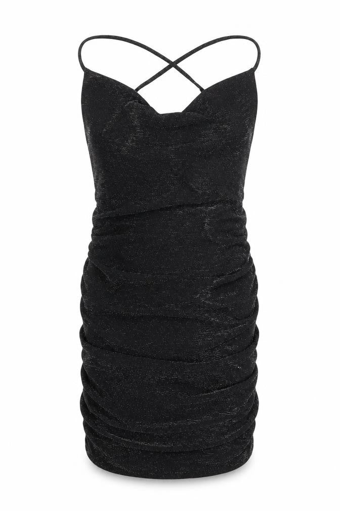 Front view of Boohoo women’s black polyester bodycon, size UK 6, v-neck pullover