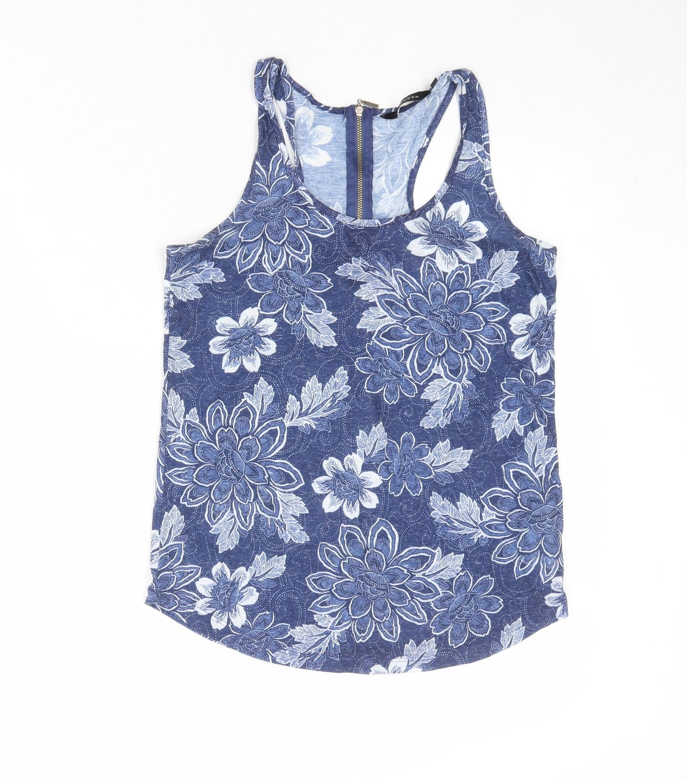 New Look Womens Blue Floral Polyester Basic Tank Size 8 Scoop Neck