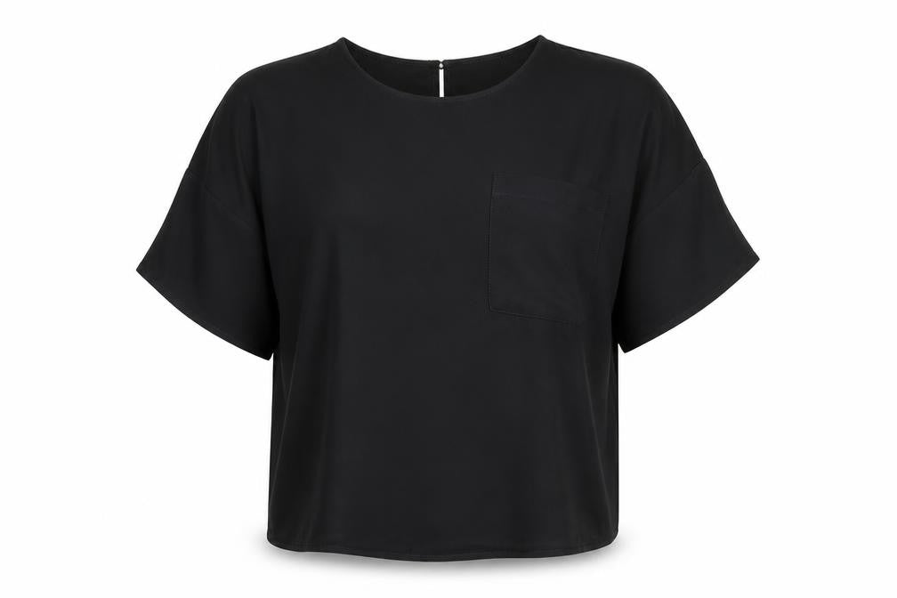 Front view of ASOS women’s black polyester basic blouse, size UK 8, round neck