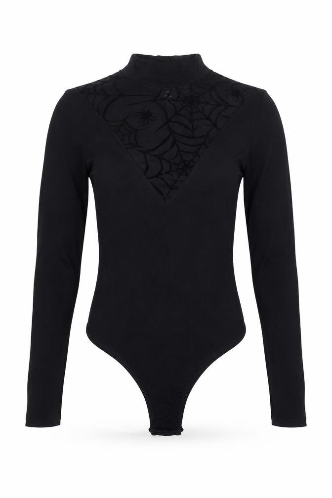 Pink Vanilla Womens Black Viscose Bodysuit One-Piece Size 6 Snap - Spider Web Halloween