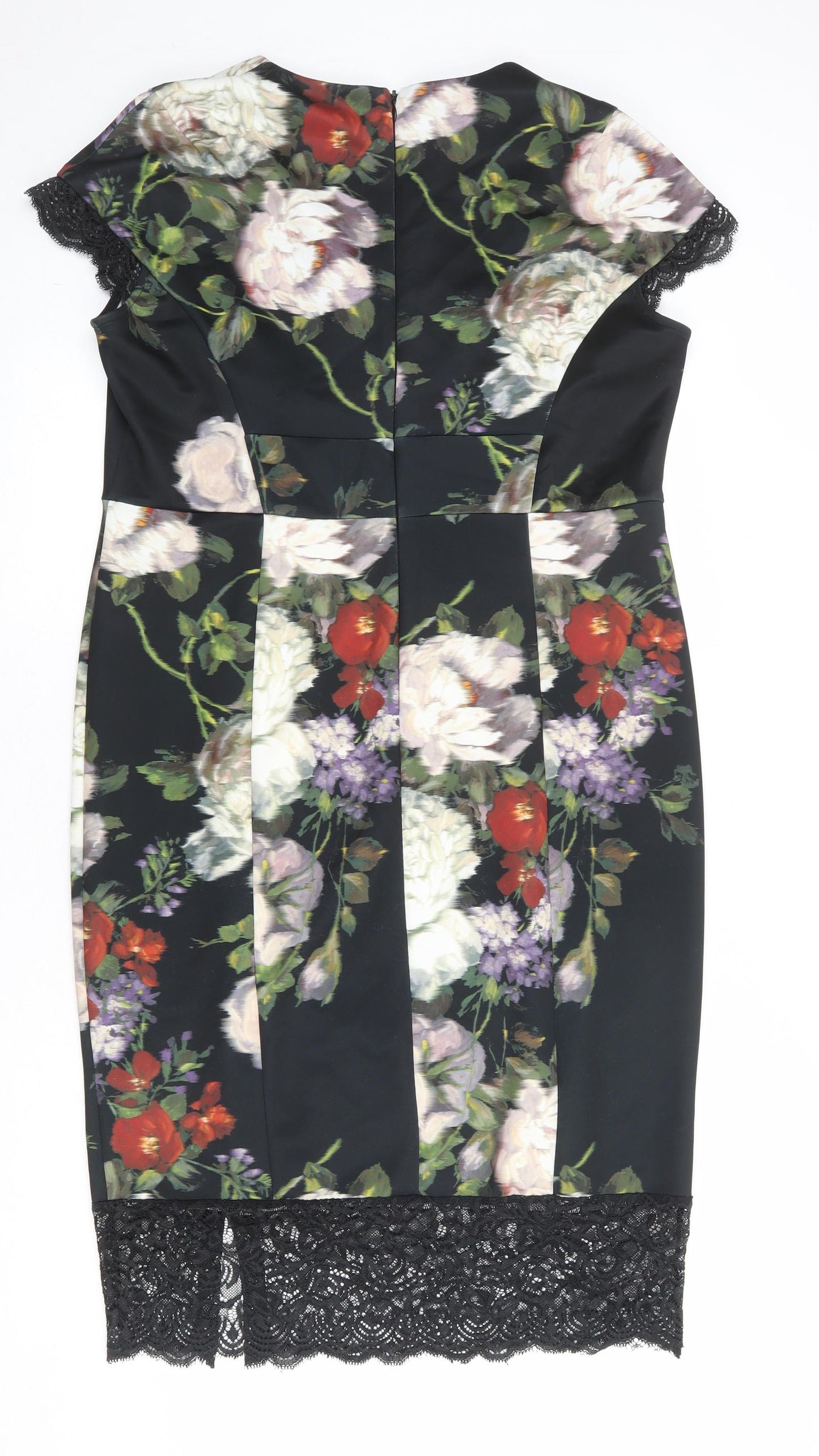 Marks and Spencer Womens Black Floral Polyester Shift Size 16 V-Neck Zip - Lace Details