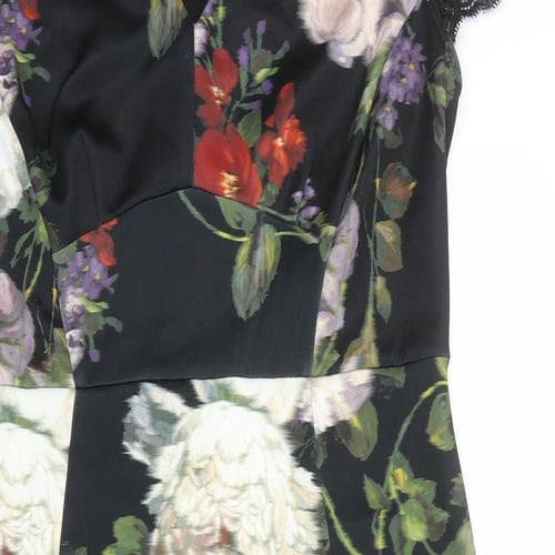 Marks and Spencer Womens Black Floral Polyester Shift Size 16 V-Neck Zip - Lace Details