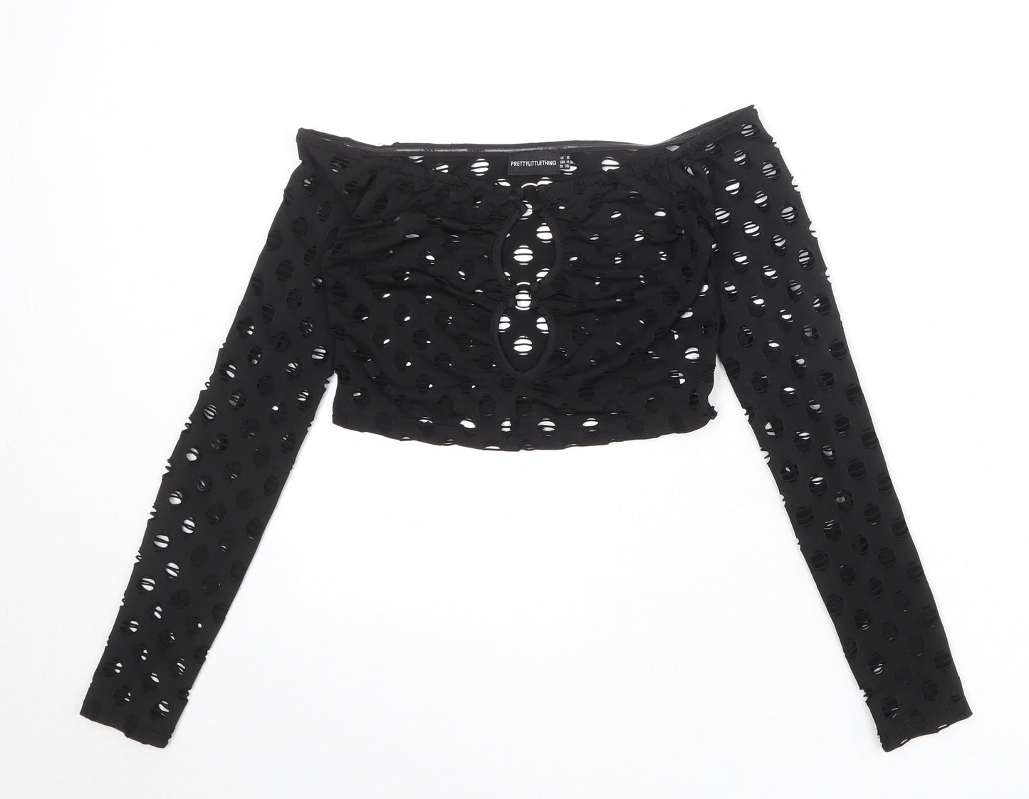 PRETTYLITTLETHING Womens Black Polyester Cropped Tank Size 8 Round Neck - Ring Detail