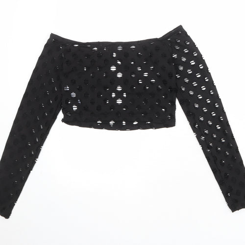 PRETTYLITTLETHING Womens Black Polyester Cropped Tank Size 8 Round Neck - Ring Detail