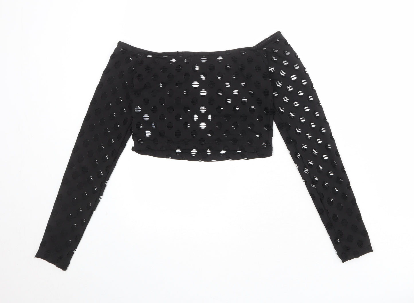 PRETTYLITTLETHING Womens Black Polyester Cropped Tank Size 8 Round Neck - Ring Detail