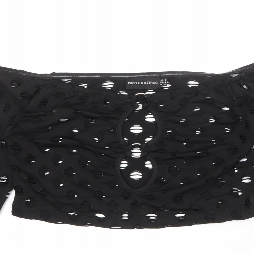 PRETTYLITTLETHING Womens Black Polyester Cropped Tank Size 8 Round Neck - Ring Detail