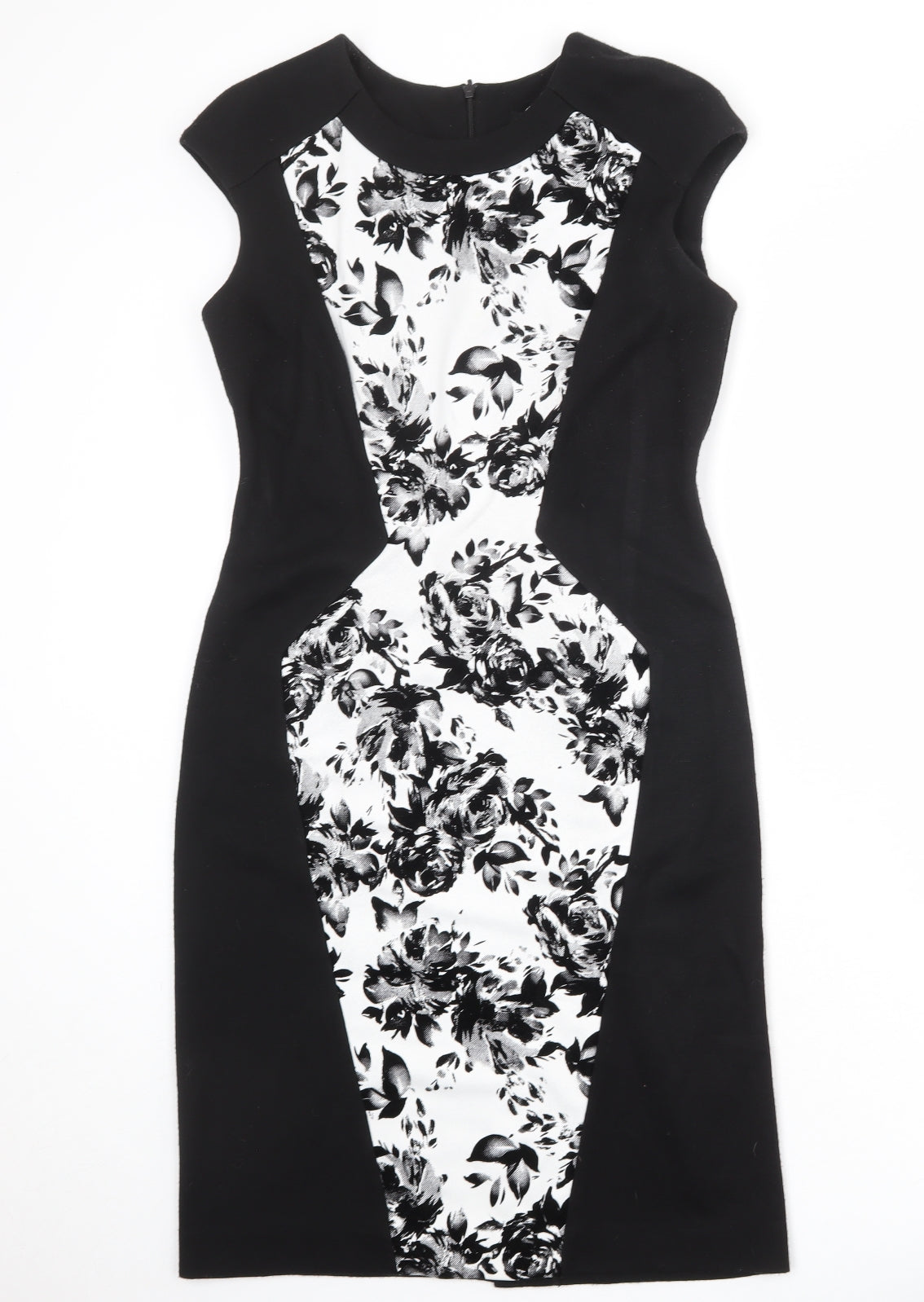 Roman Womens Black Floral Acrylic Shift Size 12 Round Neck Zip
